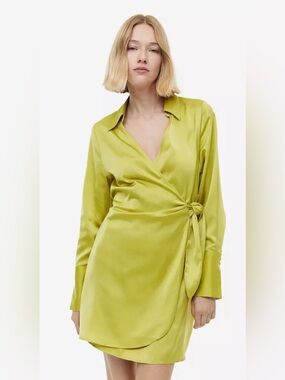 Women’s Satin Wrap Dress in Chartreuse